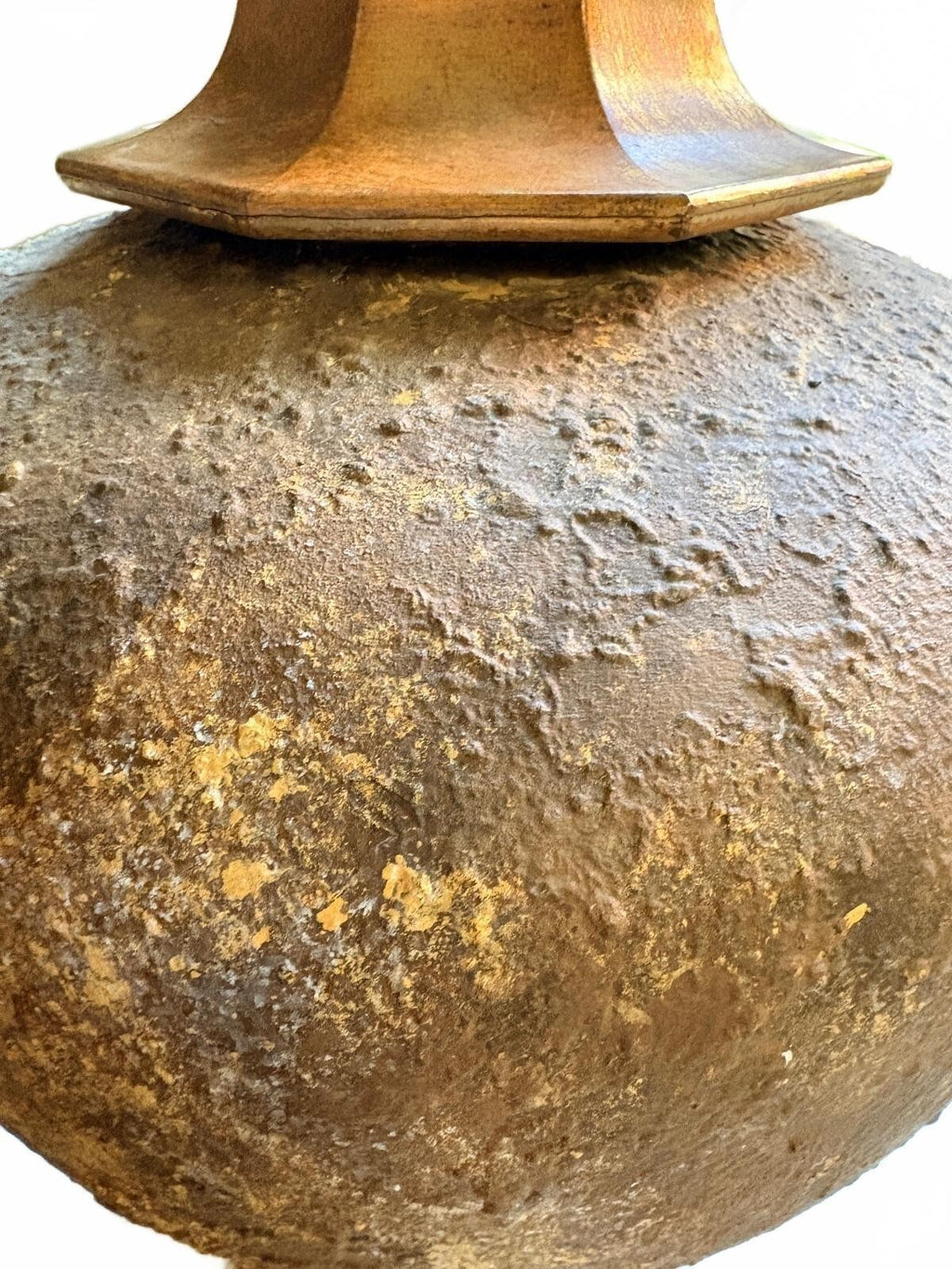 Rustic Asian-Inspired Bronze and Wood Lidded Jar with Stand