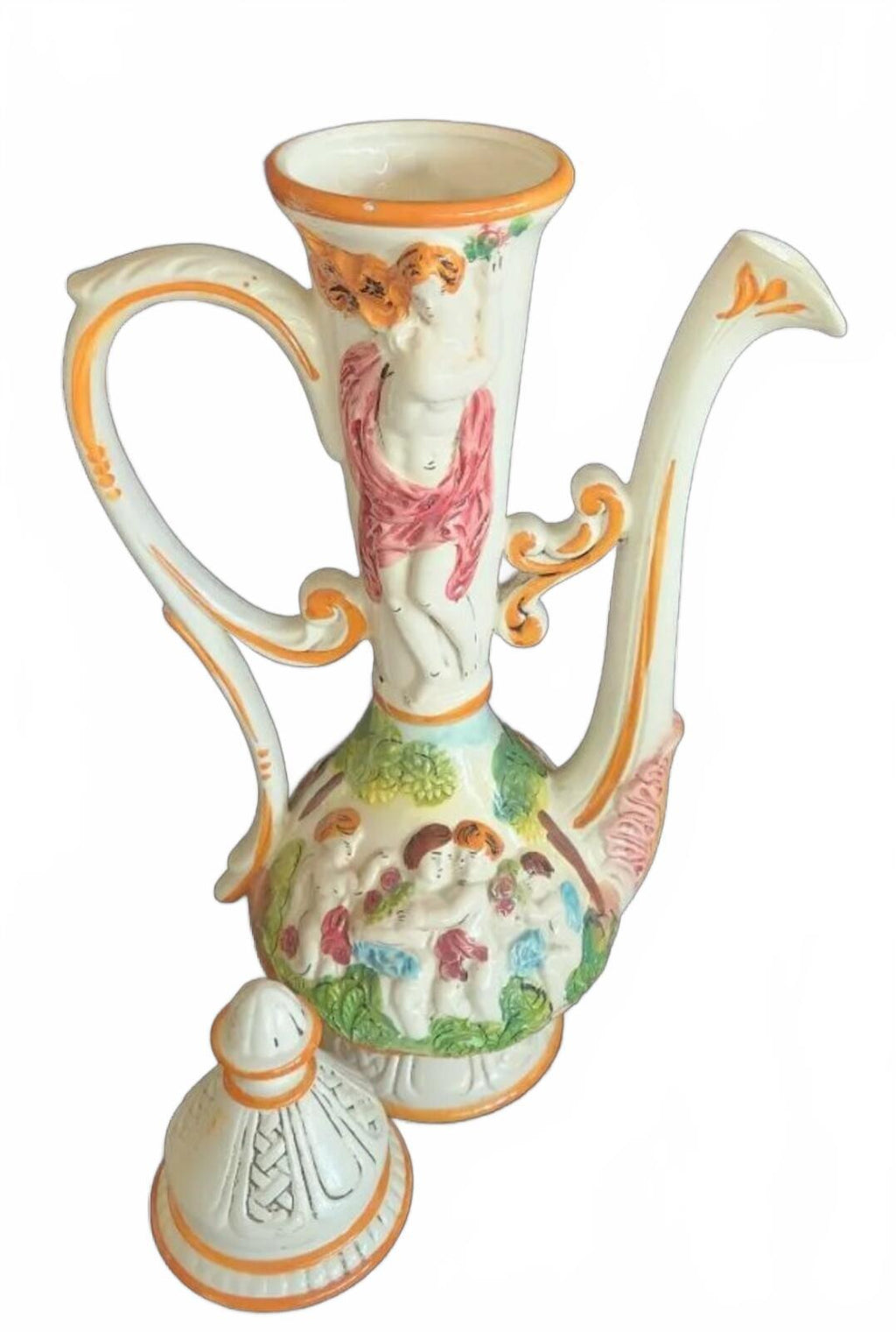 19" Vintage Capodimonte Italian Porcelain Ewer with Hand-Painted Cherubs Figures