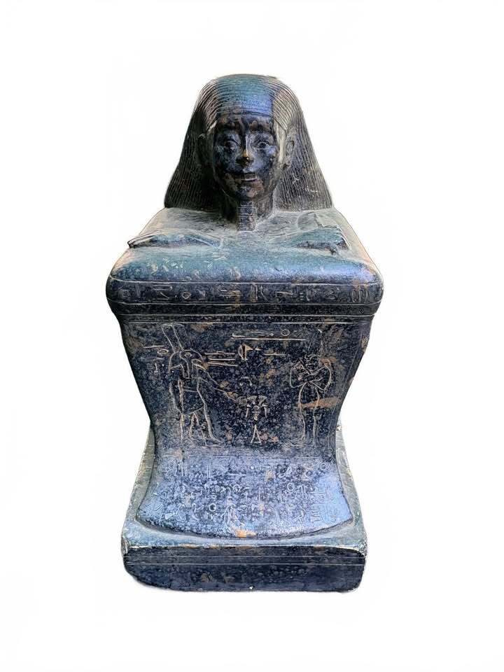 Ancient Egyptian Style Black Stone Ushabti Statue with Hieroglyphs