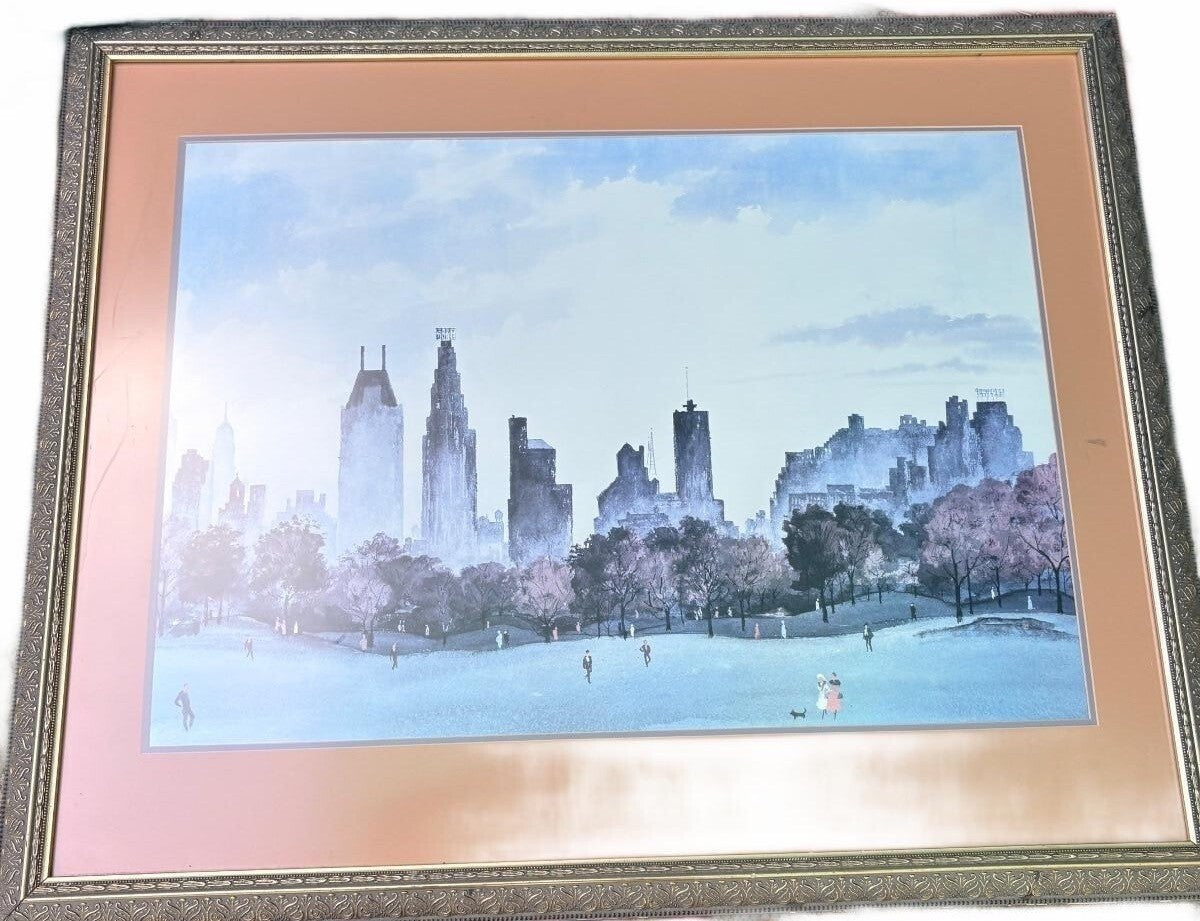 Framed Vintage New York Central Park Watercolor Print with Ornate Silver Frame
