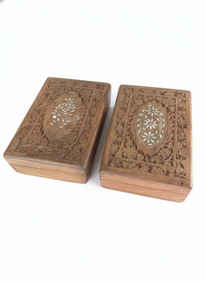 Hand Carved Wooden Decorative Boxes with Floral Inlay and Fabric Lining