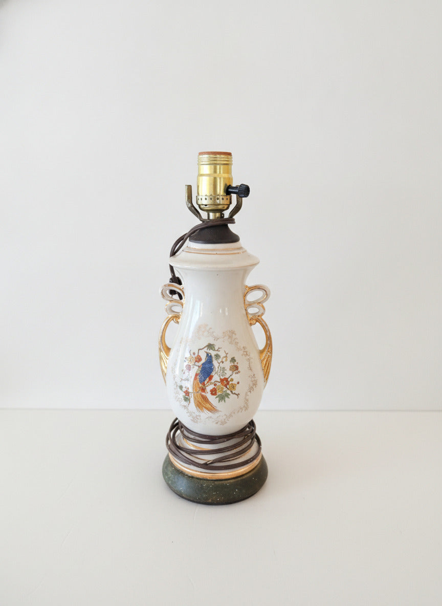 Vintage Ceramic Table Lamp with Hand-Painted Peacock Motif and Gold Accents