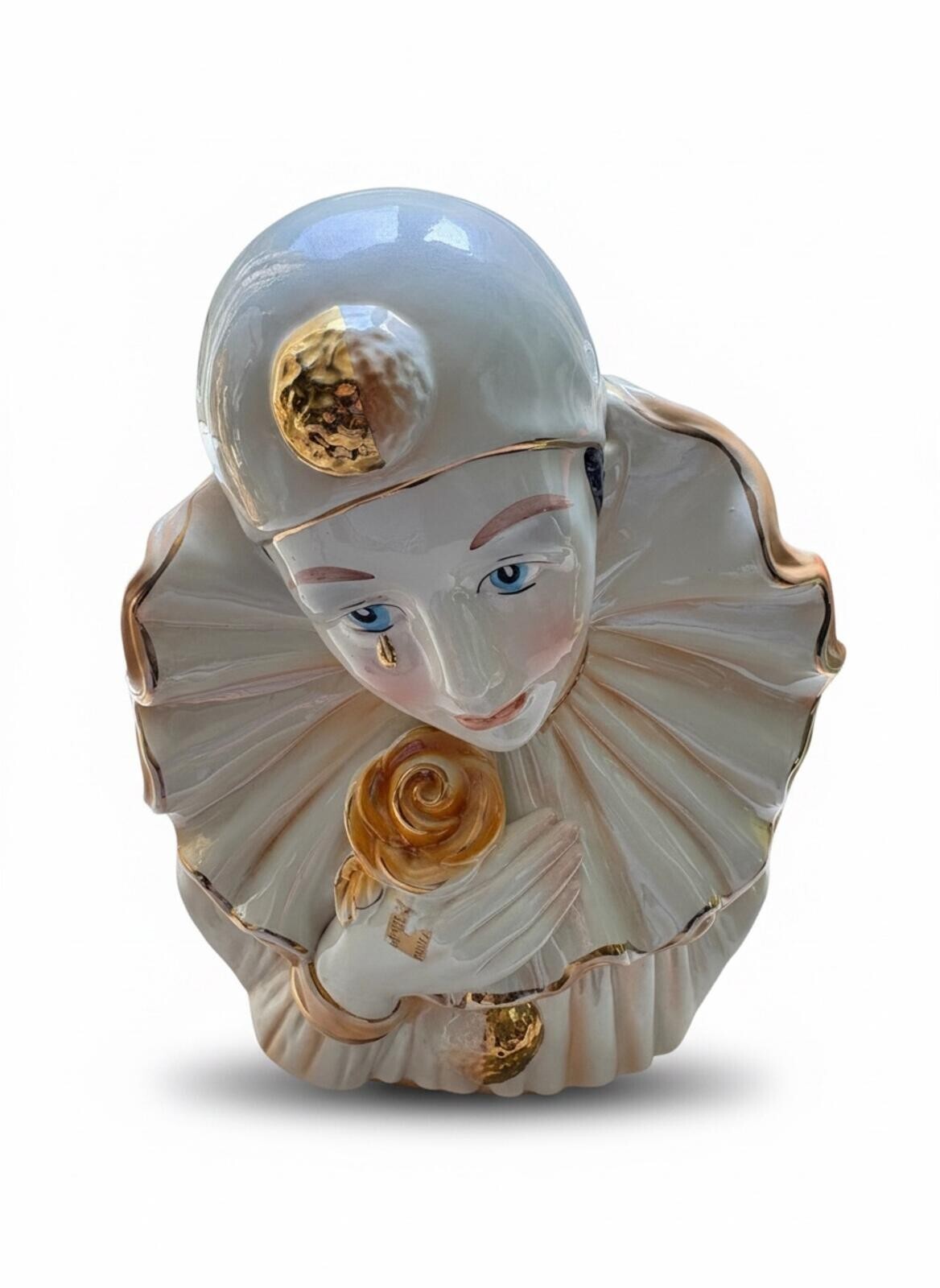 Authenticated 12in Vintage Capodimonte Porcelain Pierrot Bust with Gold Accents