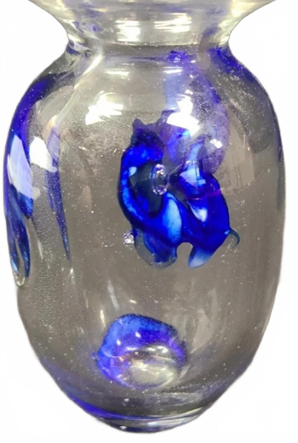 Original Signed 1977 Clear Murano-Style Glass Vase with Blue Floral Inclusions