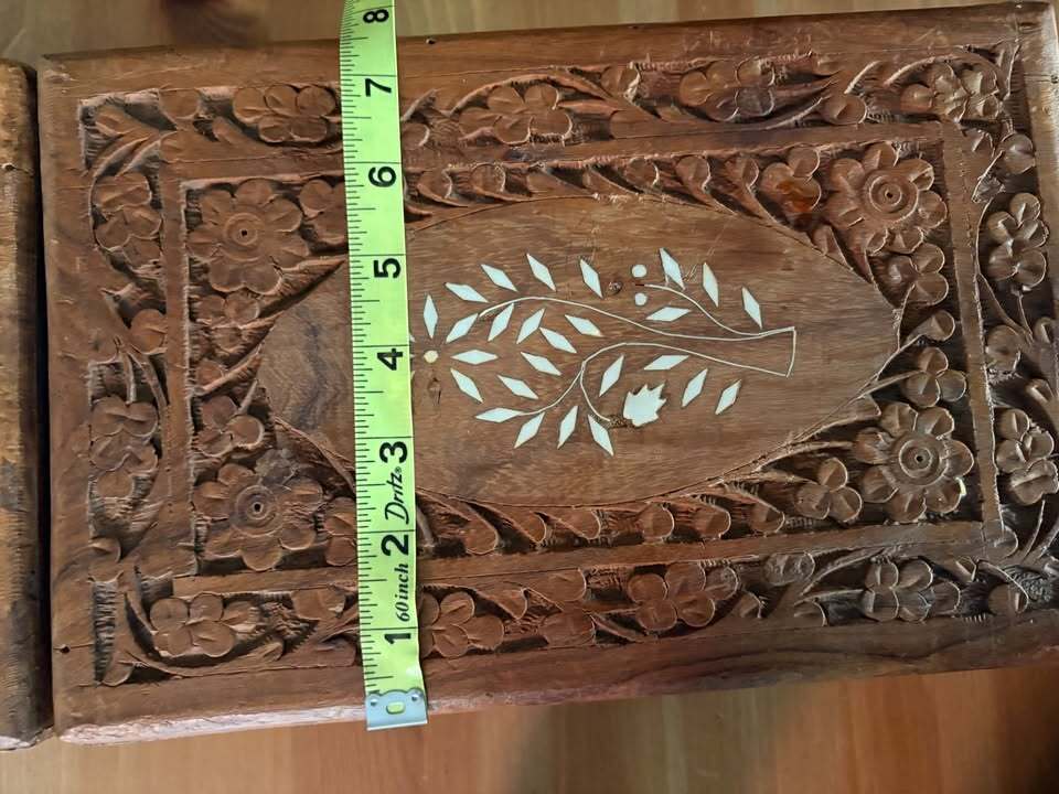 Hand Carved Wooden Decorative Boxes with Floral Inlay and Fabric Lining