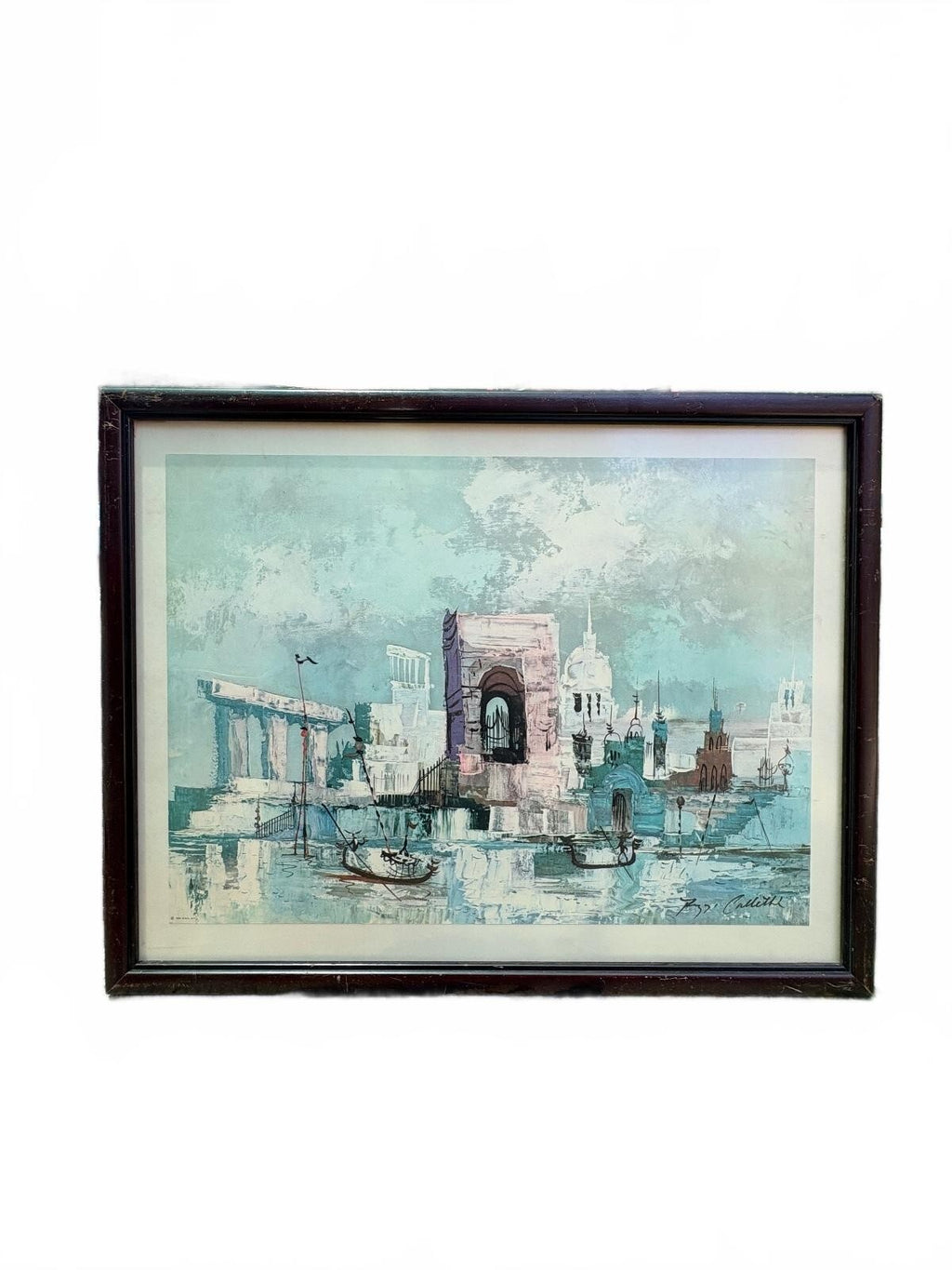 16 x 20” Signed Mid-Century Modern Cityscape Painting with Vintage Frame