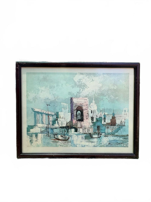 16 x 20” Signed Mid-Century Modern Cityscape Painting with Vintage Frame