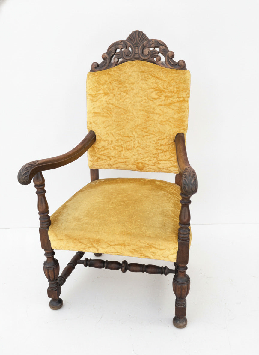 Vintage Upholstered Armchair with Carved Wood Frame and Yellow Velvet Fabric