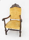 Vintage Upholstered Armchair with Carved Wood Frame and Yellow Velvet Fabric
