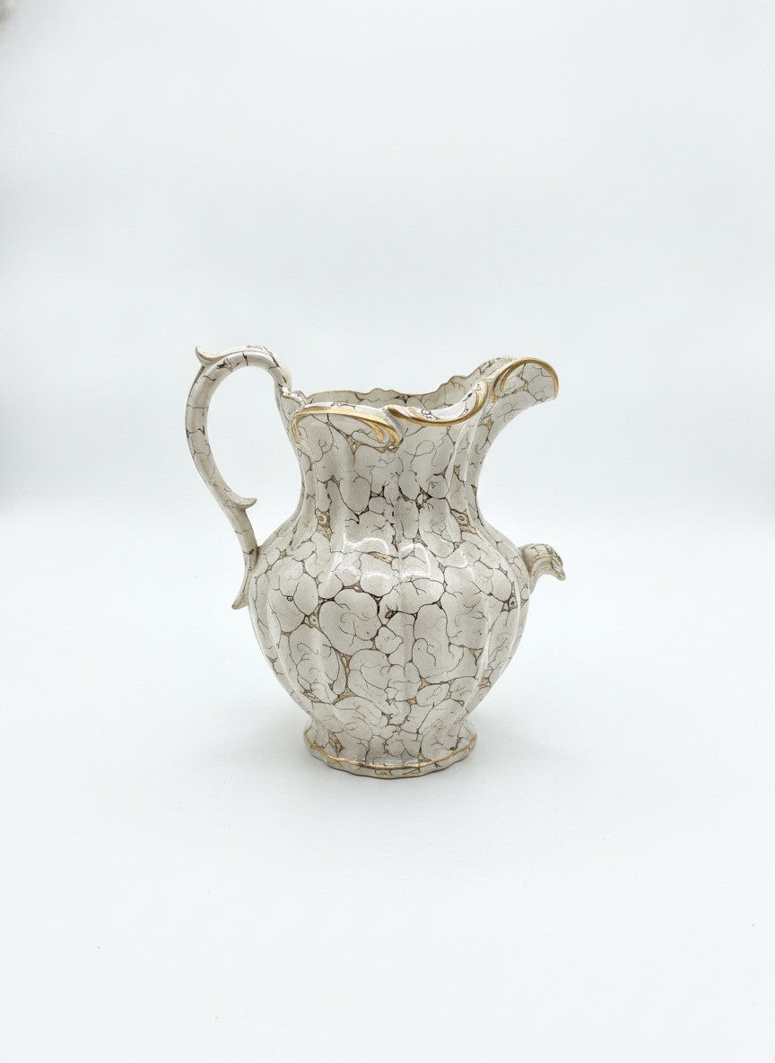 Vintage Italian Majolica Lazuli Ceramic Pitcher with Crackle Glaze Gold Accents