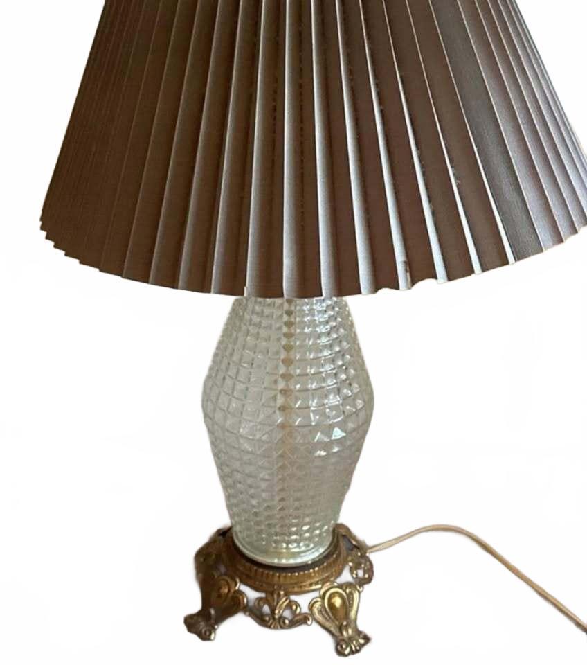 Vintage Glass Table Lamp with Pleated Taupe Shade and Ornate Brass Base