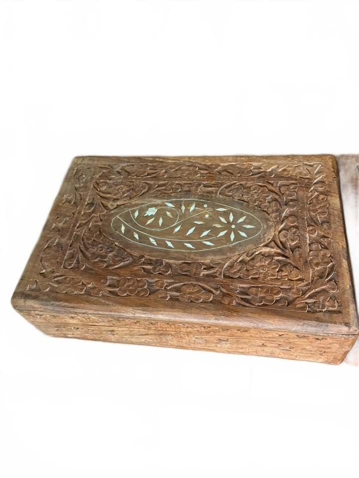 Hand Carved Wooden Decorative Boxes with Floral Inlay and Fabric Lining