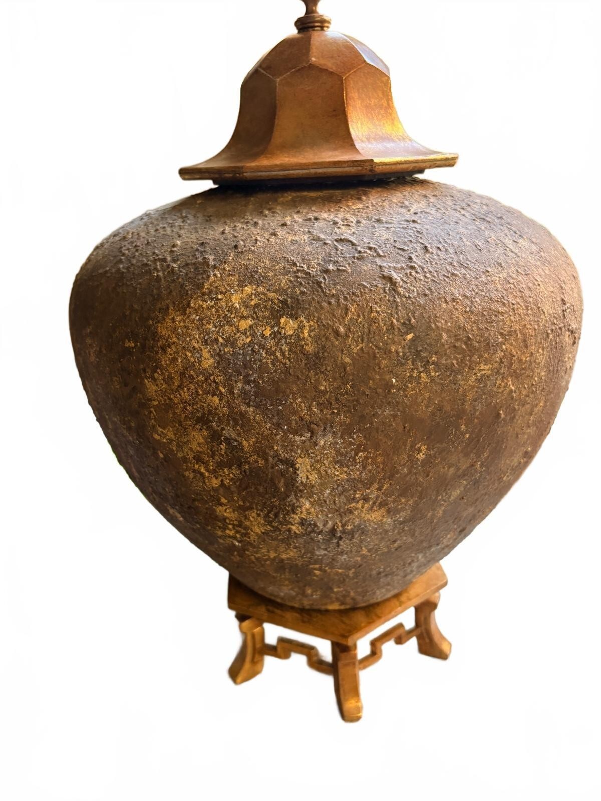 Rustic Asian-Inspired Bronze and Wood Lidded Jar with Stand