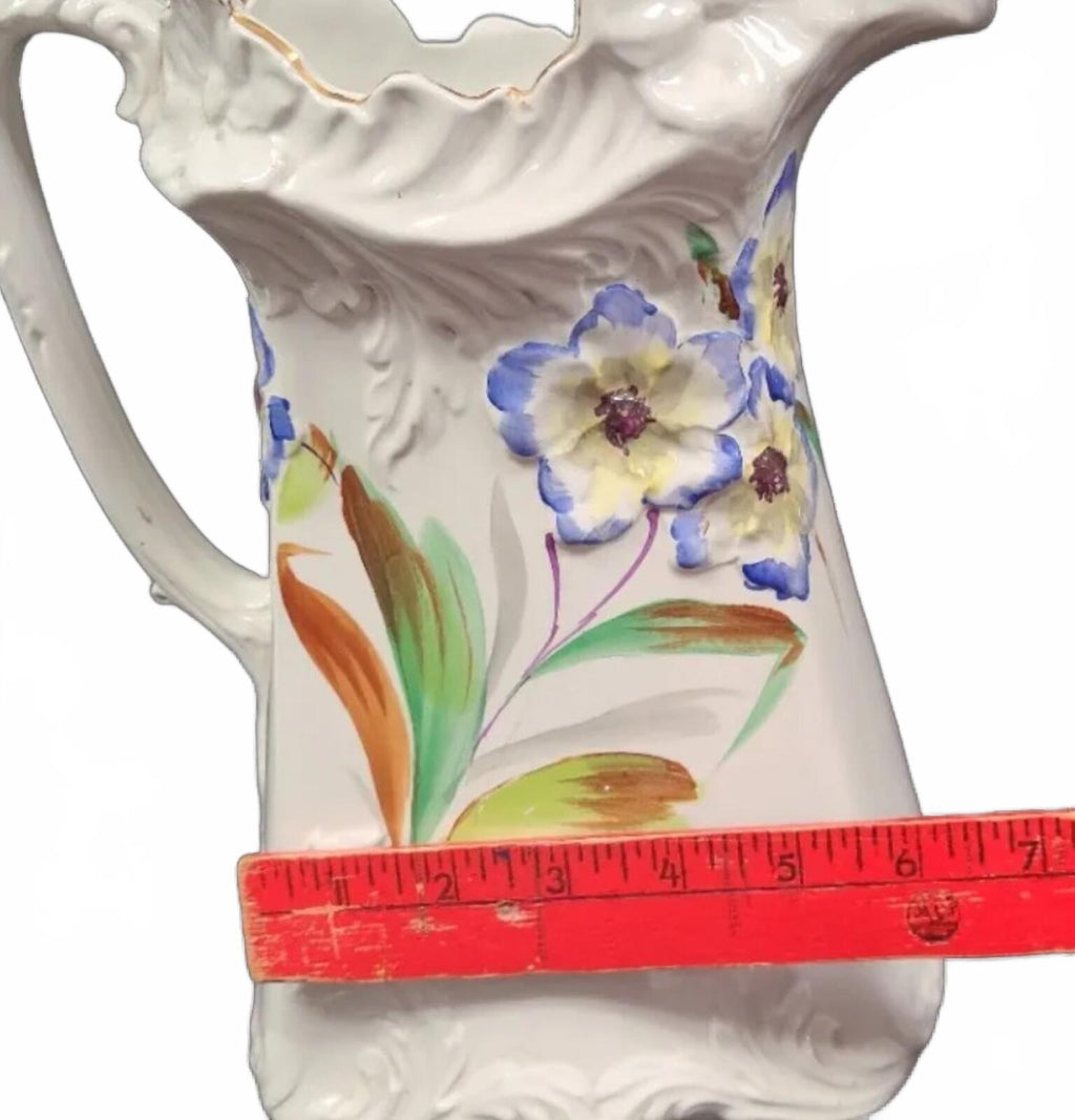 Vintage Ceramic Pitcher with Hand-Painted Floral Design and Scalloped Rim