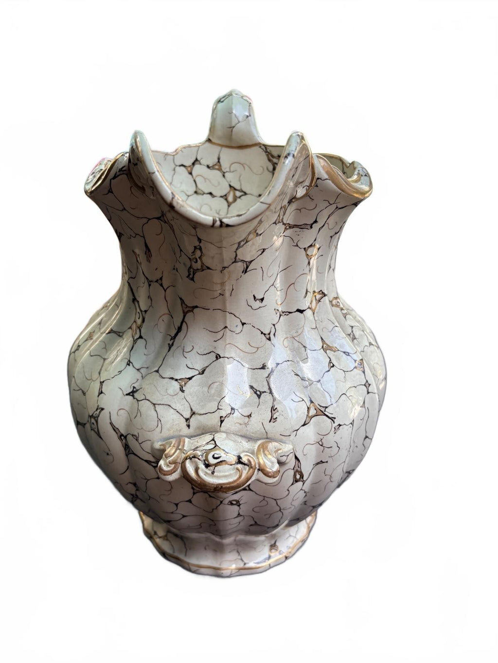 Vintage Italian Majolica Lazuli Ceramic Pitcher with Crackle Glaze Gold Accents