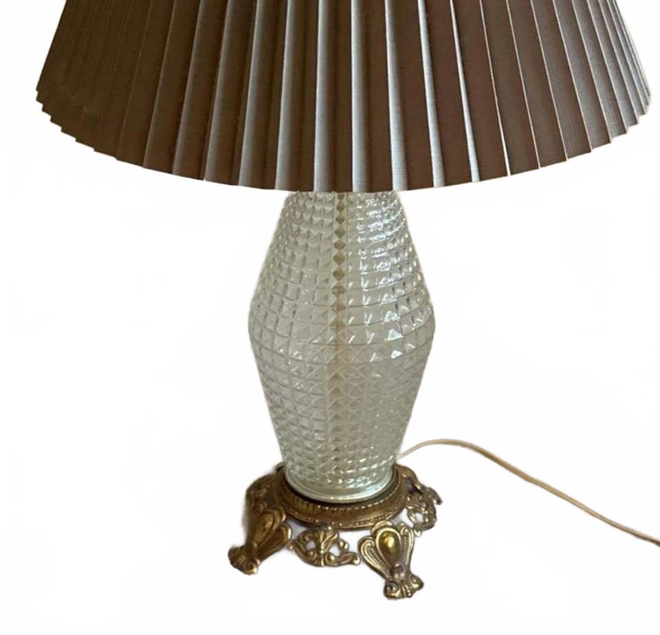 Vintage Glass Table Lamp with Pleated Taupe Shade and Ornate Brass Base