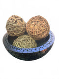 Decorative Black Log Slice Bowl with Three Natural Rattan Balls