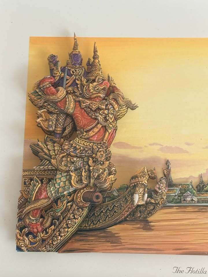 Vintage Thai Royal Barges 3D Art Print Framed Illustration with Cultural Text