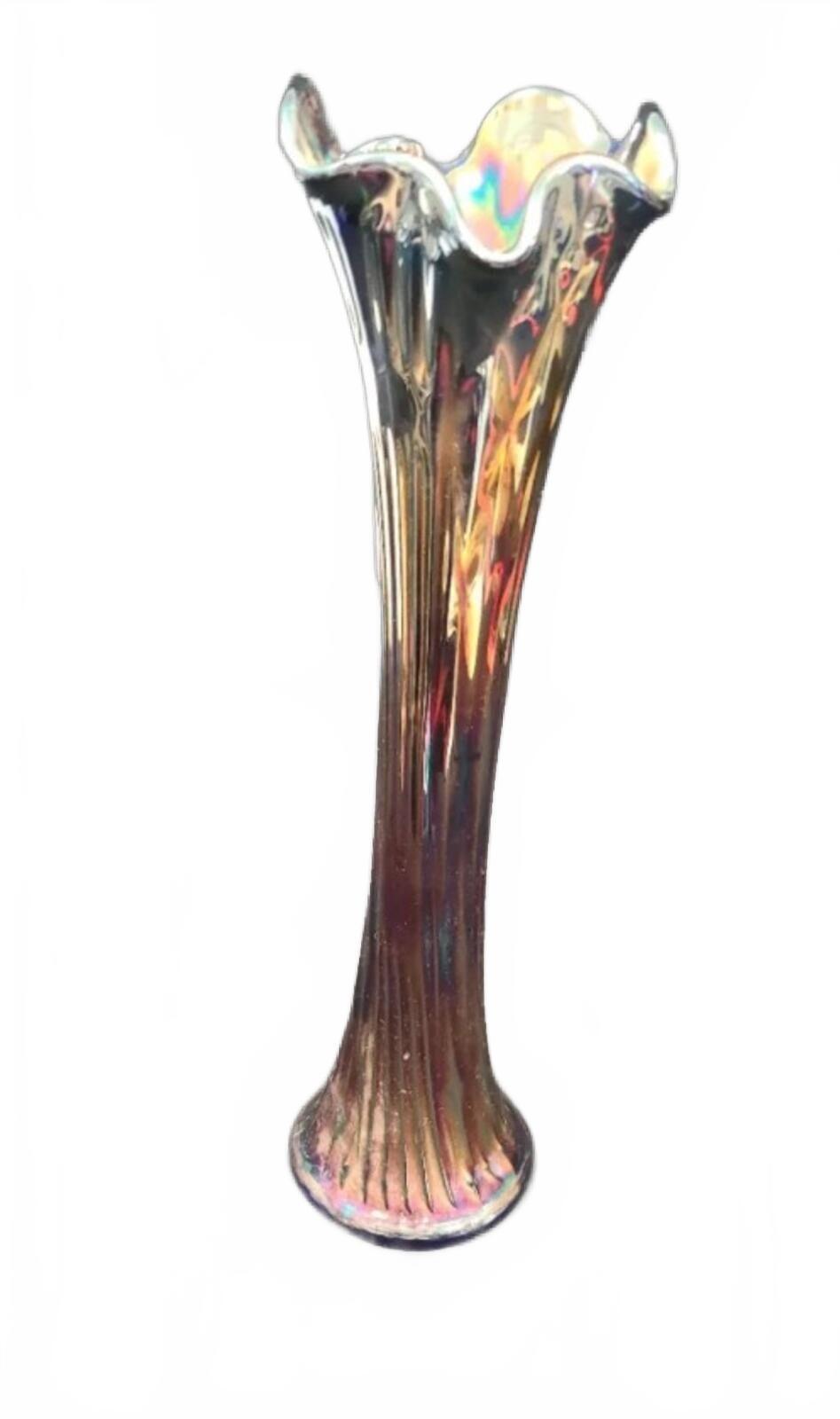 Vintage Tall Iridescent Carnival Glass Vase with Fluted Rim