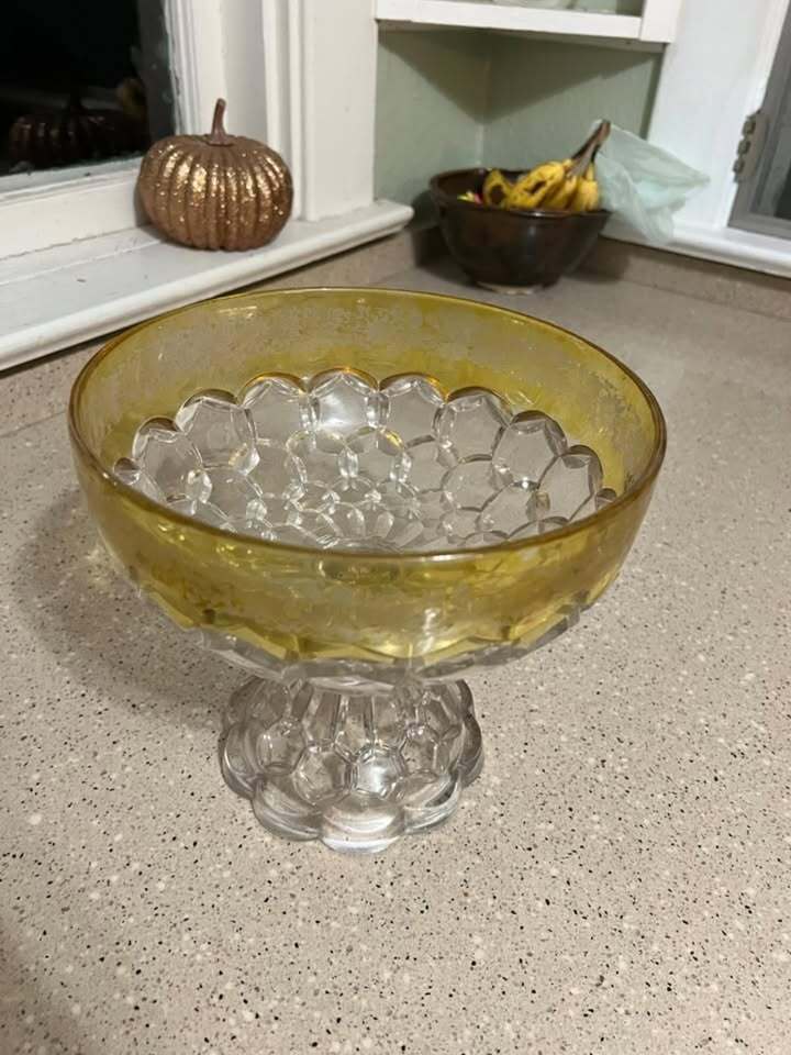 Clear Crystal Vintage Glass Pedestal Dish Yellow Rimmed Rare