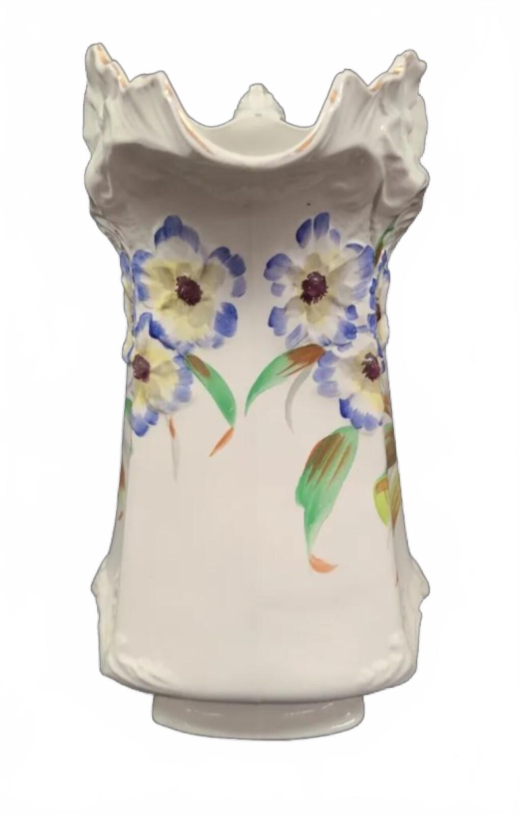 Vintage Ceramic Pitcher with Hand-Painted Floral Design and Scalloped Rim