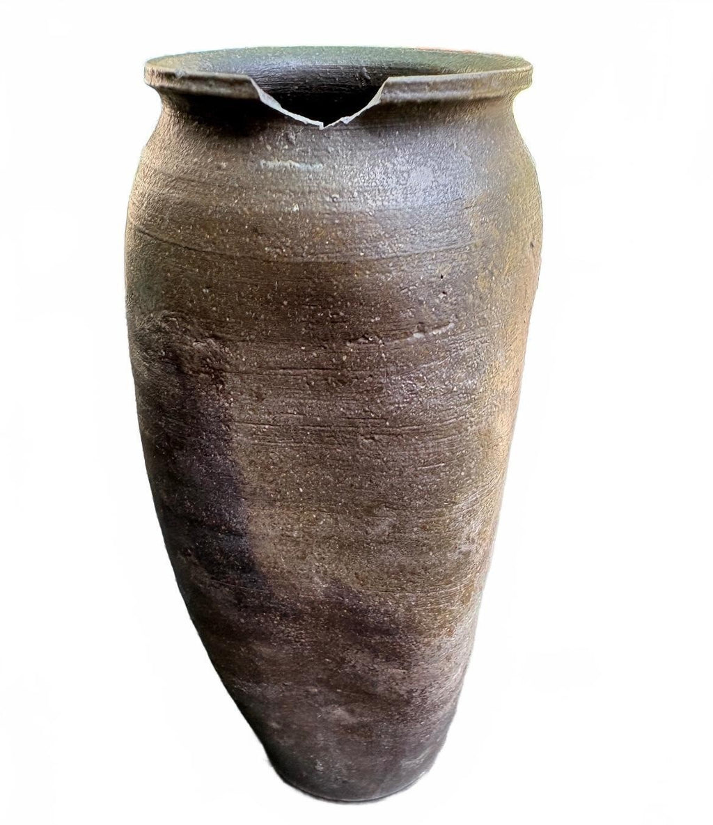 Antique Brown Stoneware Pottery Vase with Chipped Rim