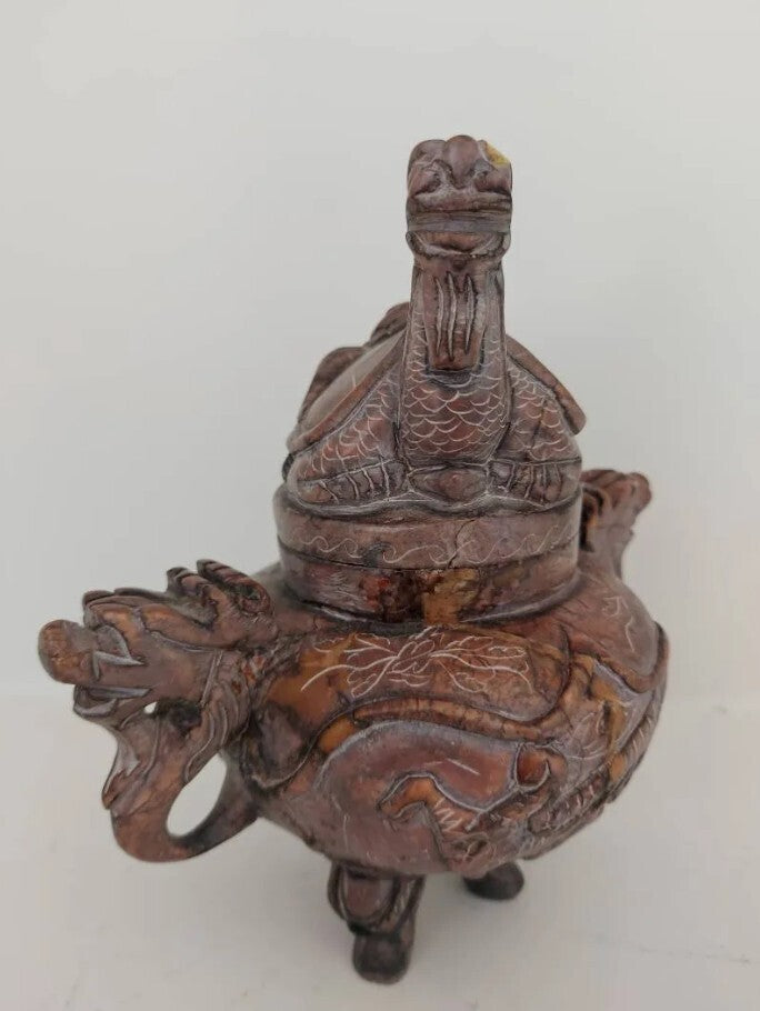 Vintage Carved Wood Dragon Incense Burner Censer with Lid