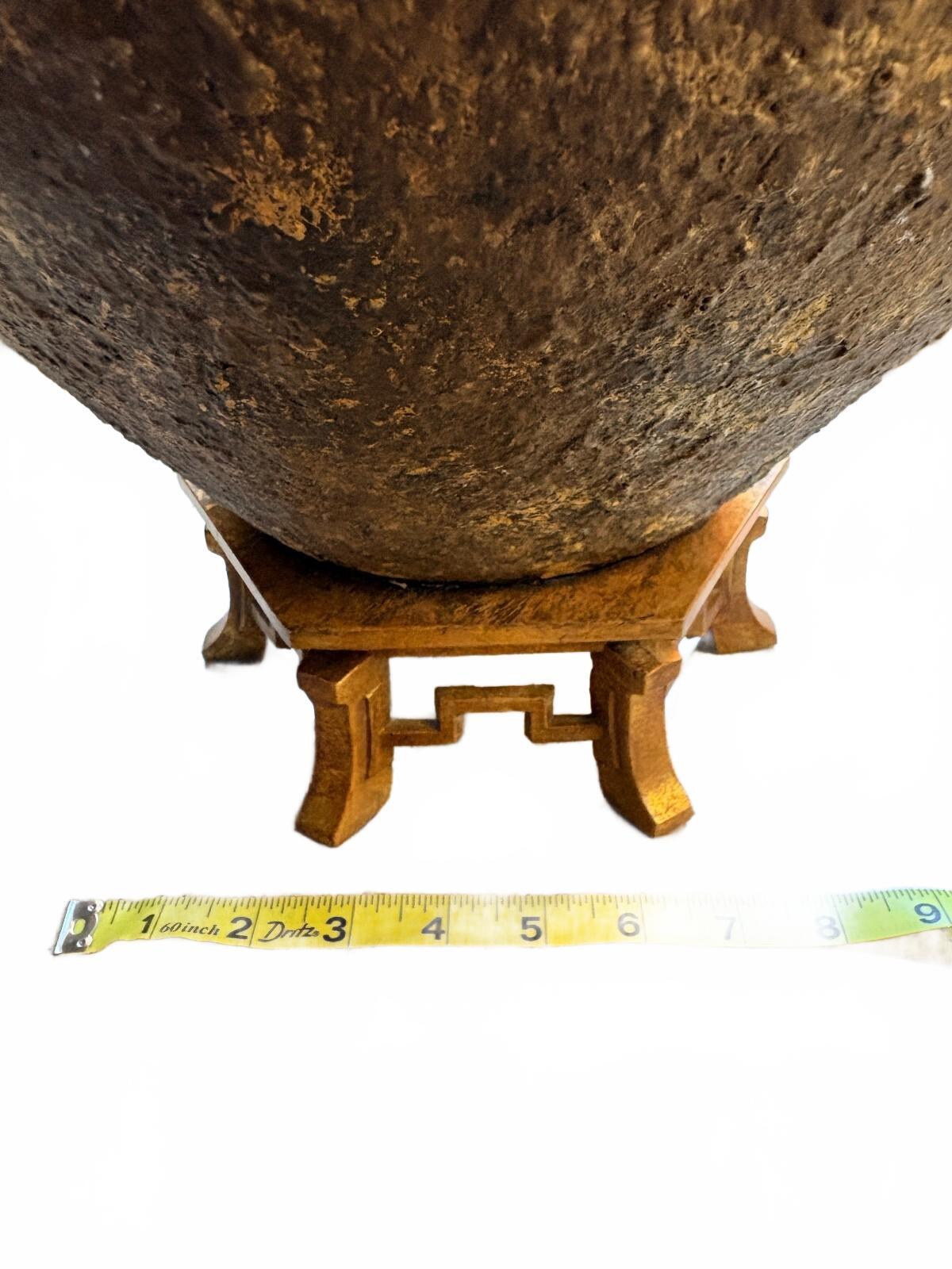 Rustic Asian-Inspired Bronze and Wood Lidded Jar with Stand