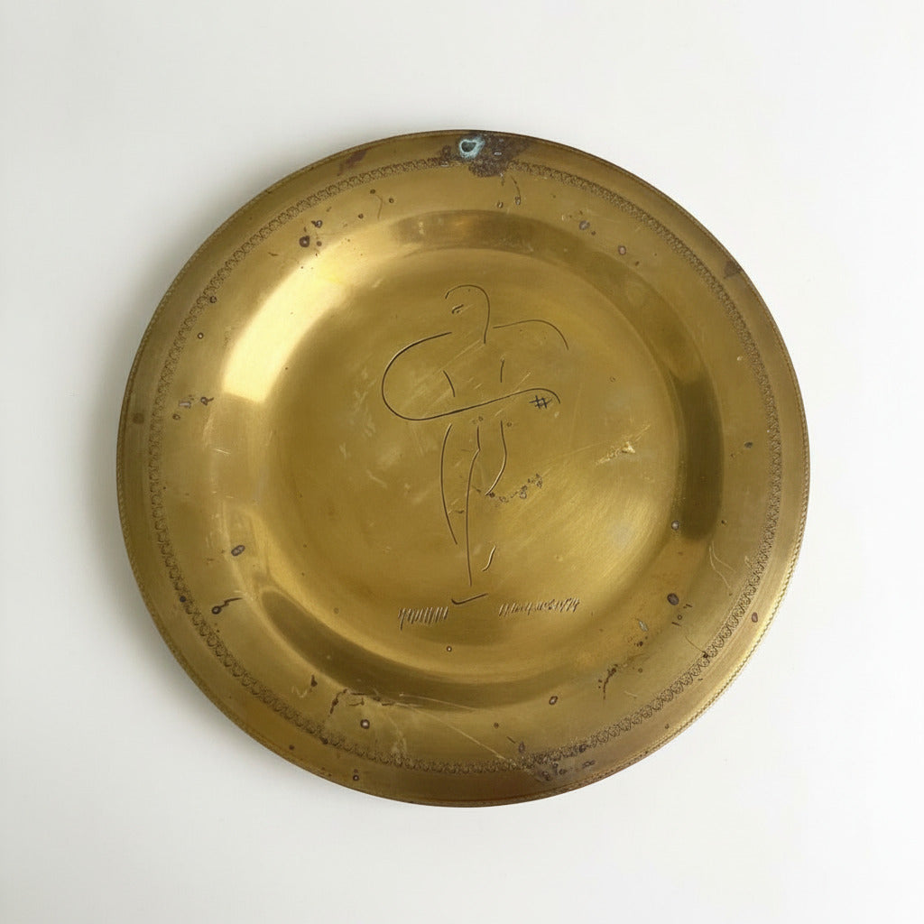 Vintage Brass Decorative Wall Plate with Abstract Figure Engraving