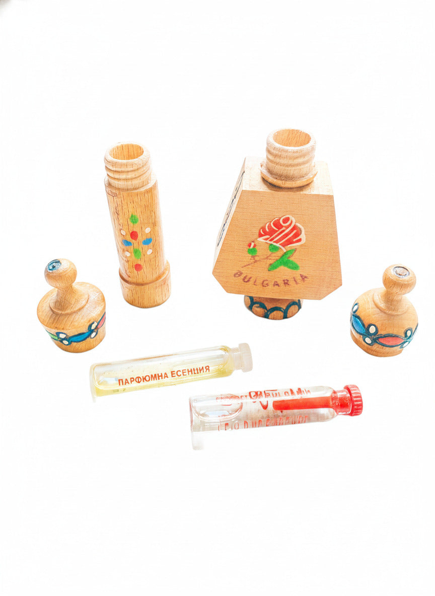 Vintage Bulgarian Wooden Perfume Bottles with Hand-Painted Rose and Folk Motifs