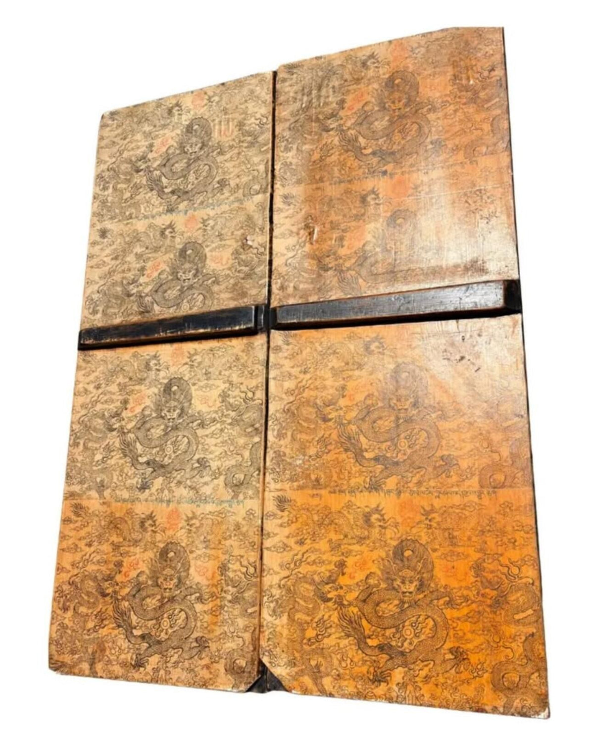 Vintage Hand-Painted Asian Wood Cabinet with Warrior Motif and Red Accents