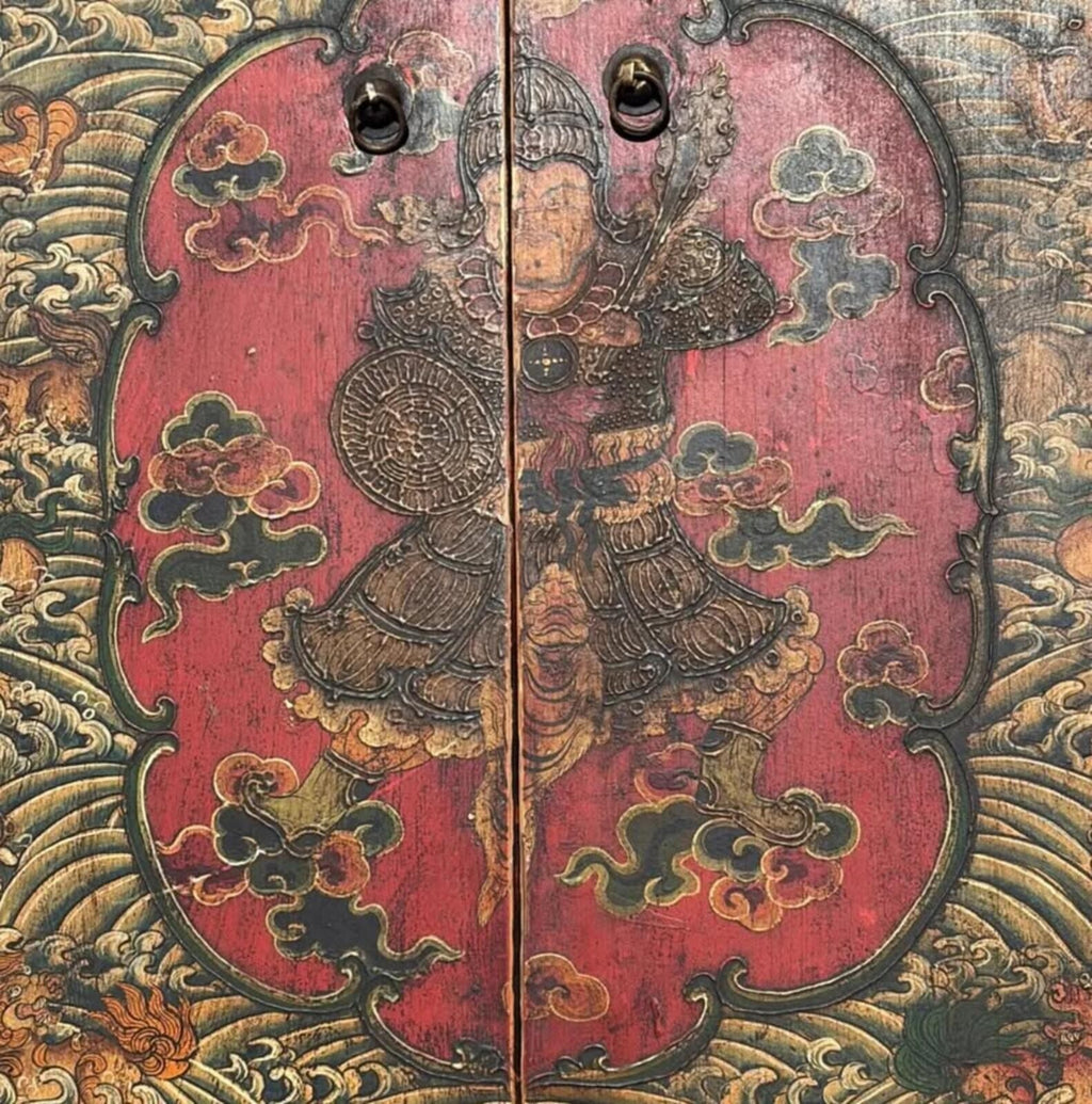 Vintage Hand-Painted Asian Wood Cabinet with Warrior Motif and Red Accents