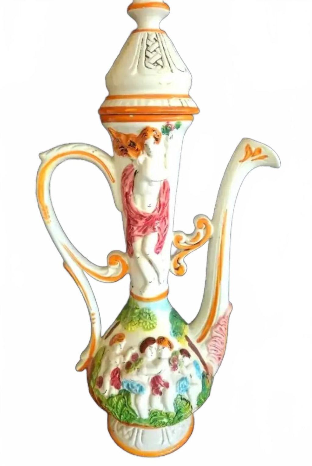 19" Vintage Capodimonte Italian Porcelain Ewer with Hand-Painted Cherubs Figures