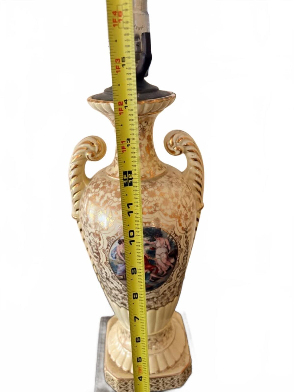 Vintage Ceramic Table Lamp with Classical Painted Scene and Ornate Floral Design