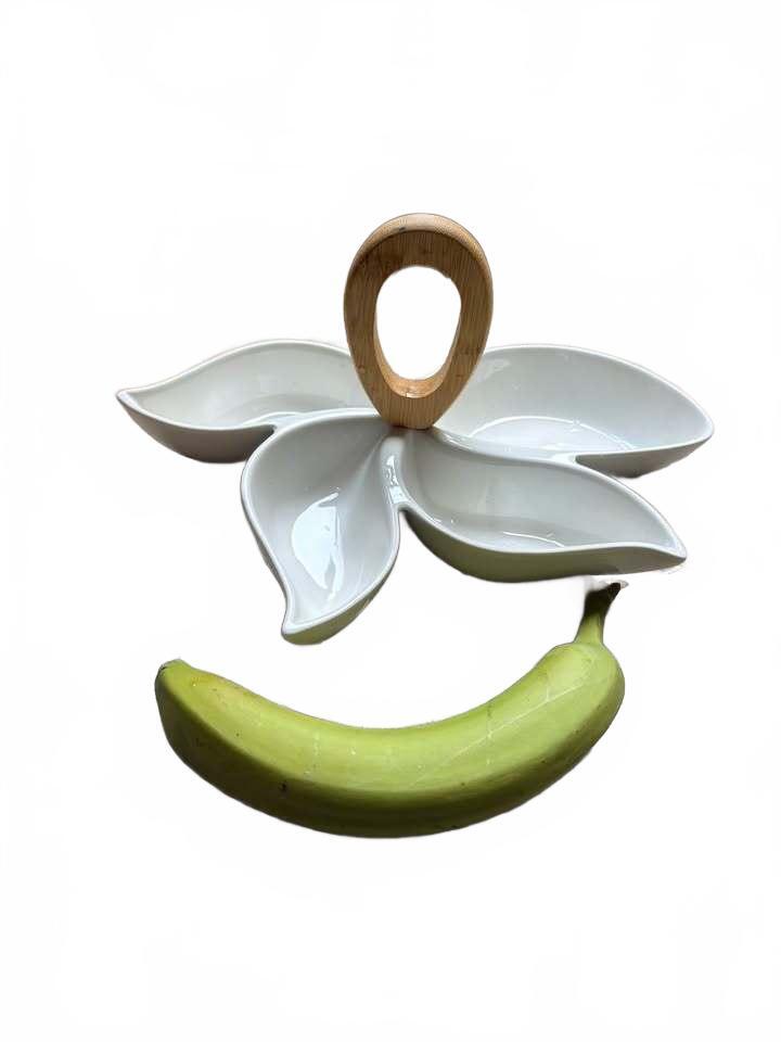 Branbani Ceramic Leaf-Shaped Divided Serving Dish with Wooden Handle