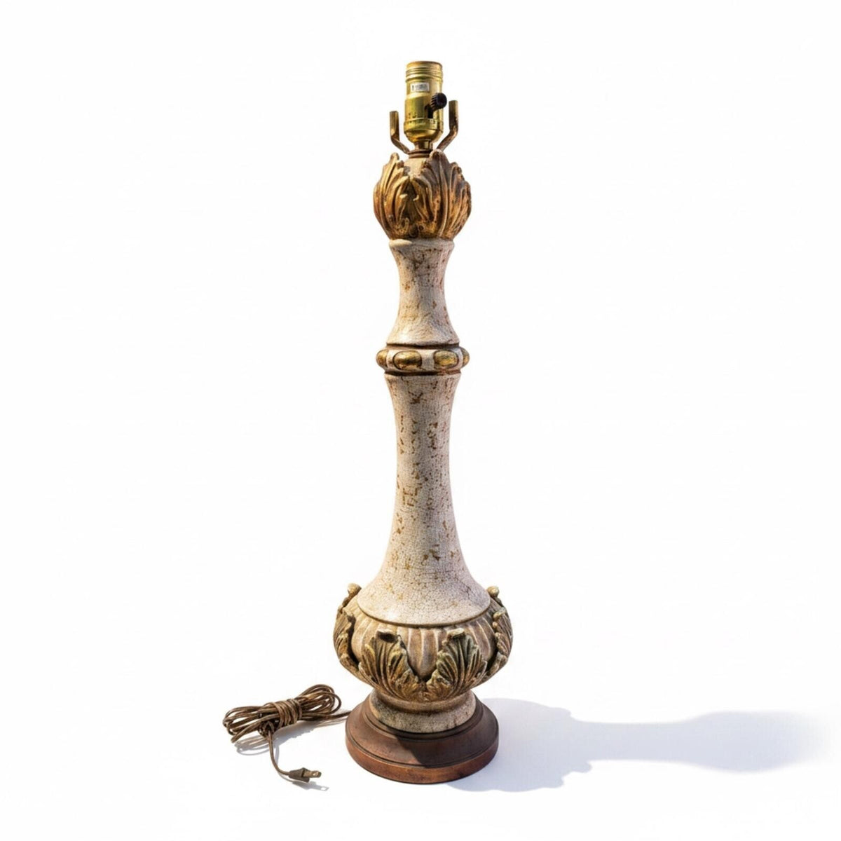 Vintage Ceramic Table Lamp with Ornate Gold Leaf Detailing and Wooden Base