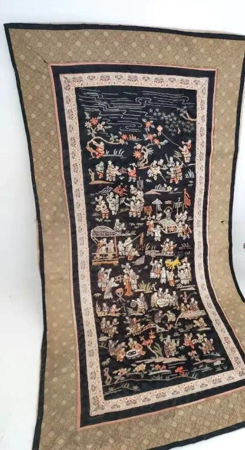13 x 26" Antique Chinese Embroidered Silk Panel Depicting "100 Children" Motif