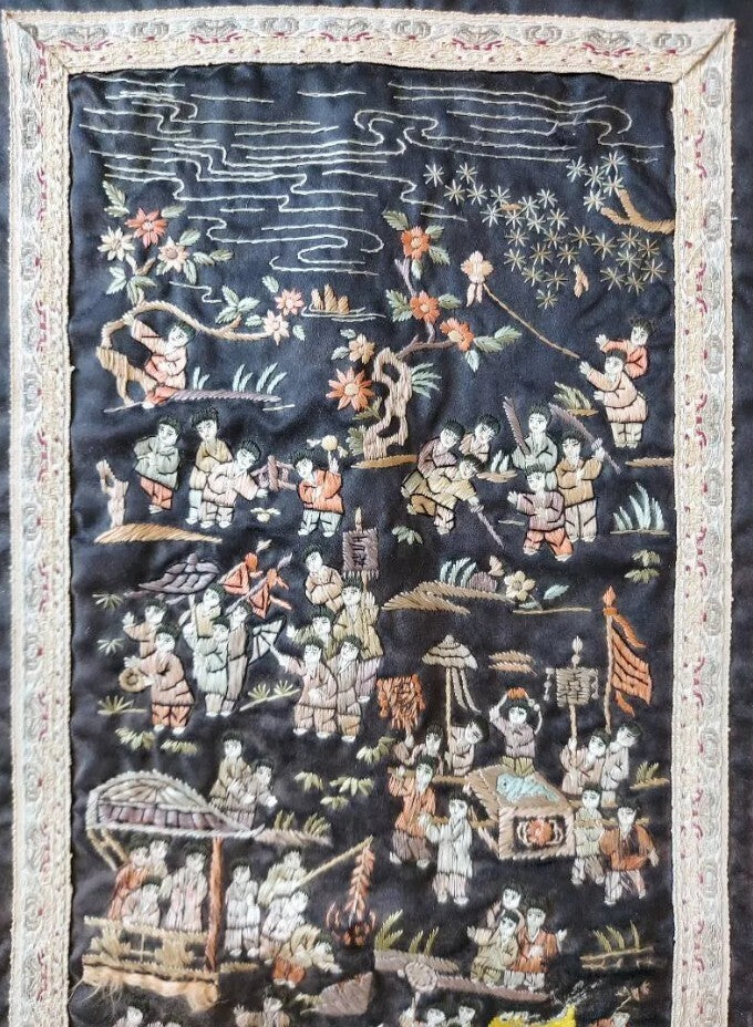 13 x 26" Antique Chinese Embroidered Silk Panel Depicting "100 Children" Motif