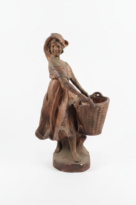 23" Vintage Mid Century Terracotta Sculpture Statue of Woman with Basket