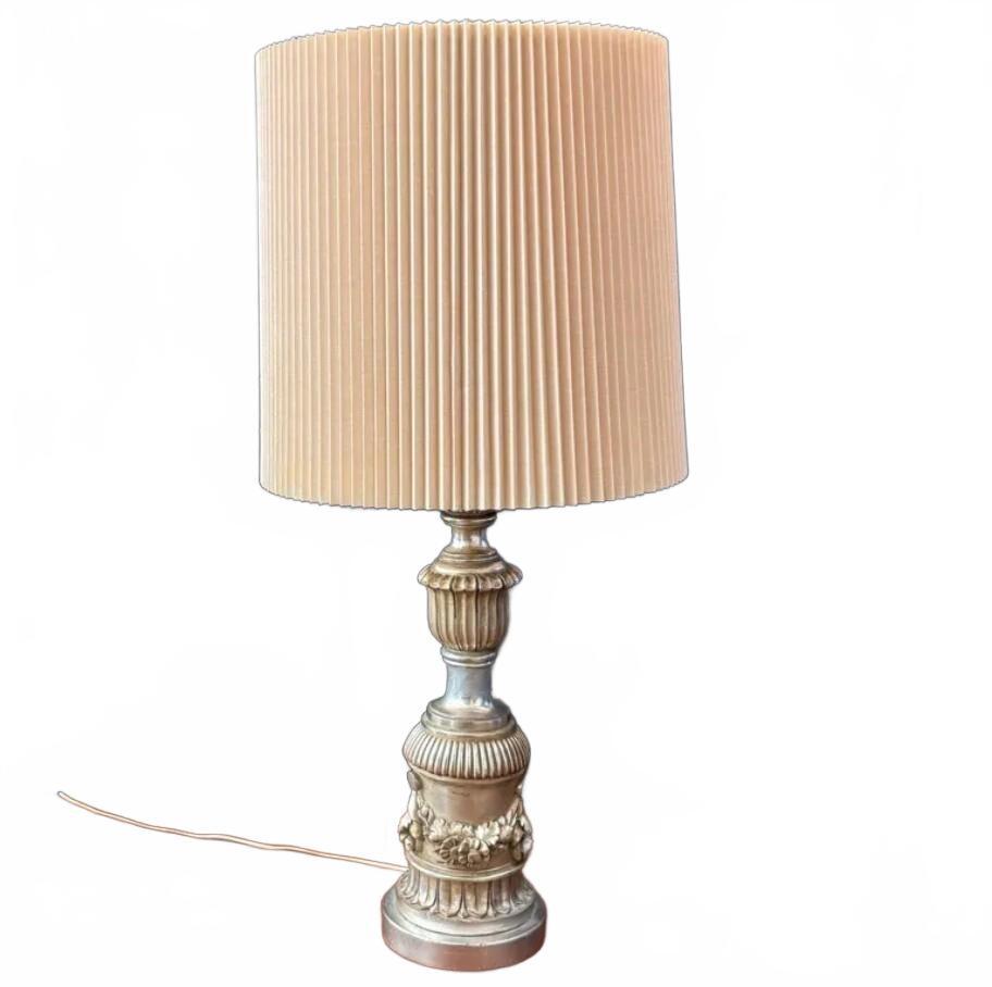 Chapman Mfg Co Vintage Table Lamp with Decorative Silver Base and Beige Pleated-