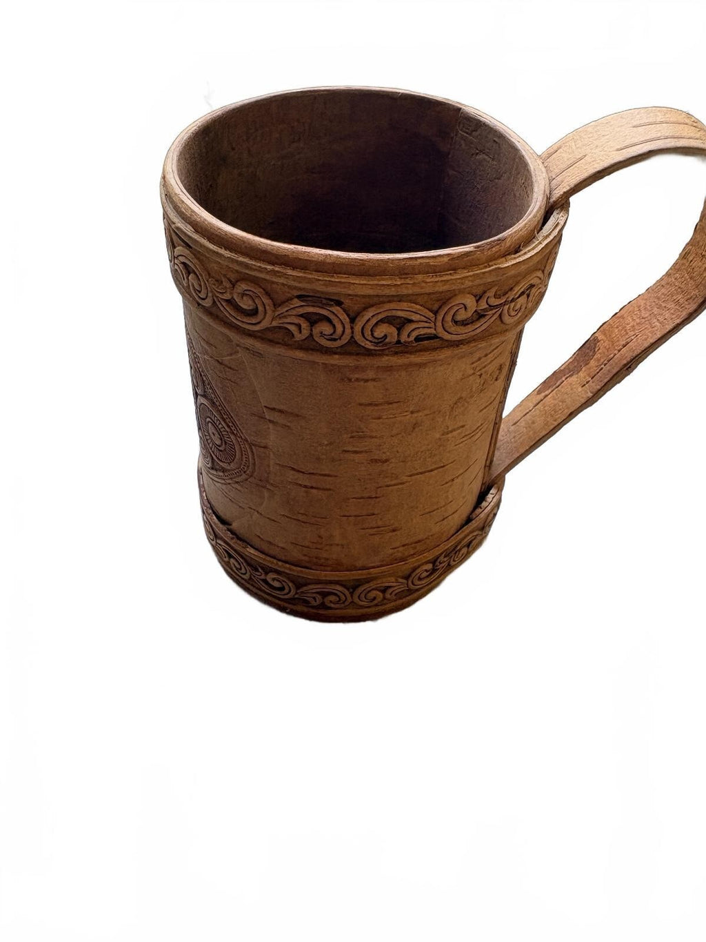 Handcrafted Russian Birch Bark Cup with Floral Carving