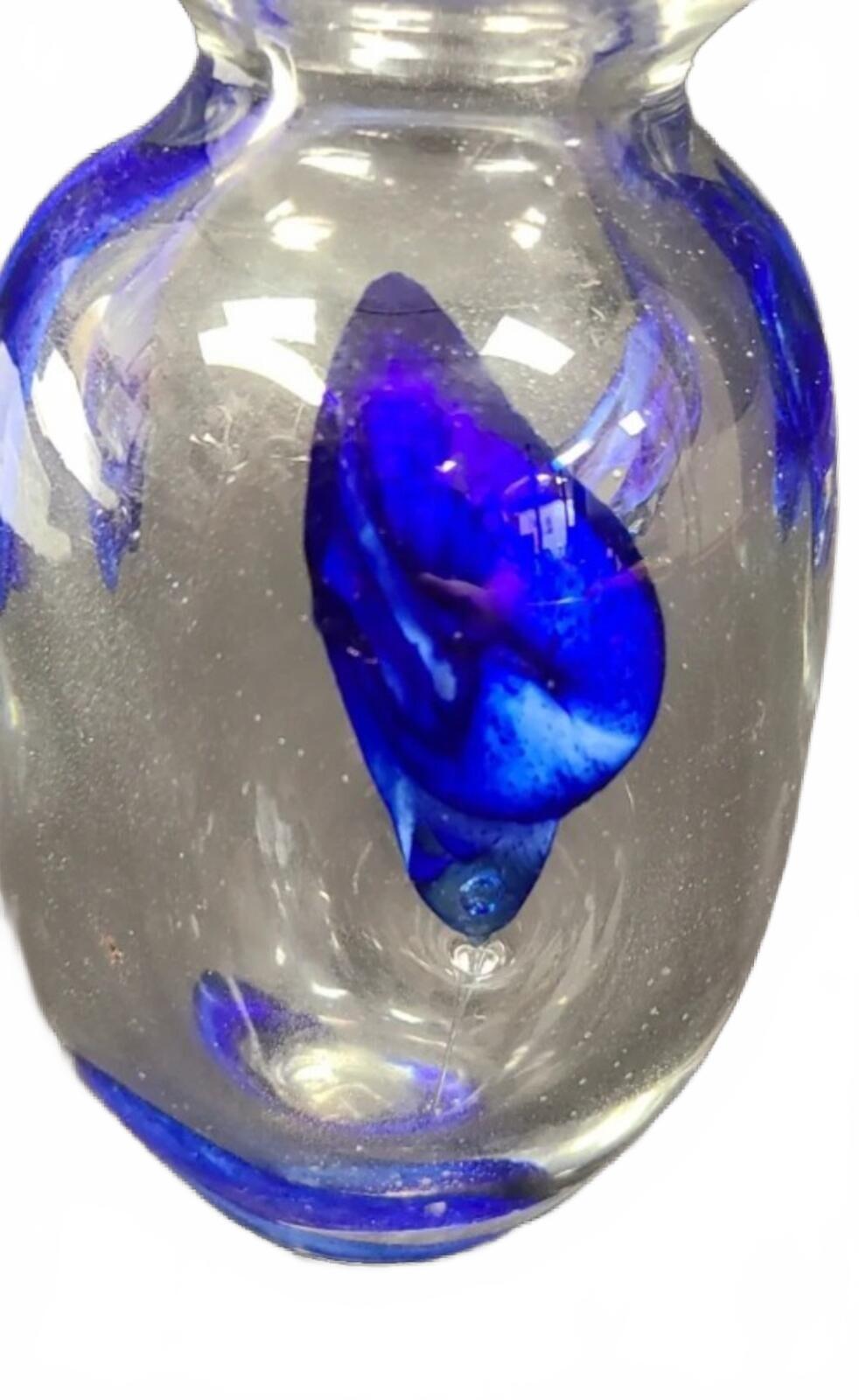 Original Signed 1977 Clear Murano-Style Glass Vase with Blue Floral Inclusions