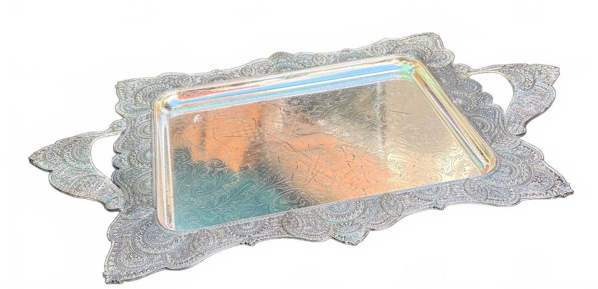 Ornate Silver Plate Footed Serving Tray, Pierced Scalloped Border