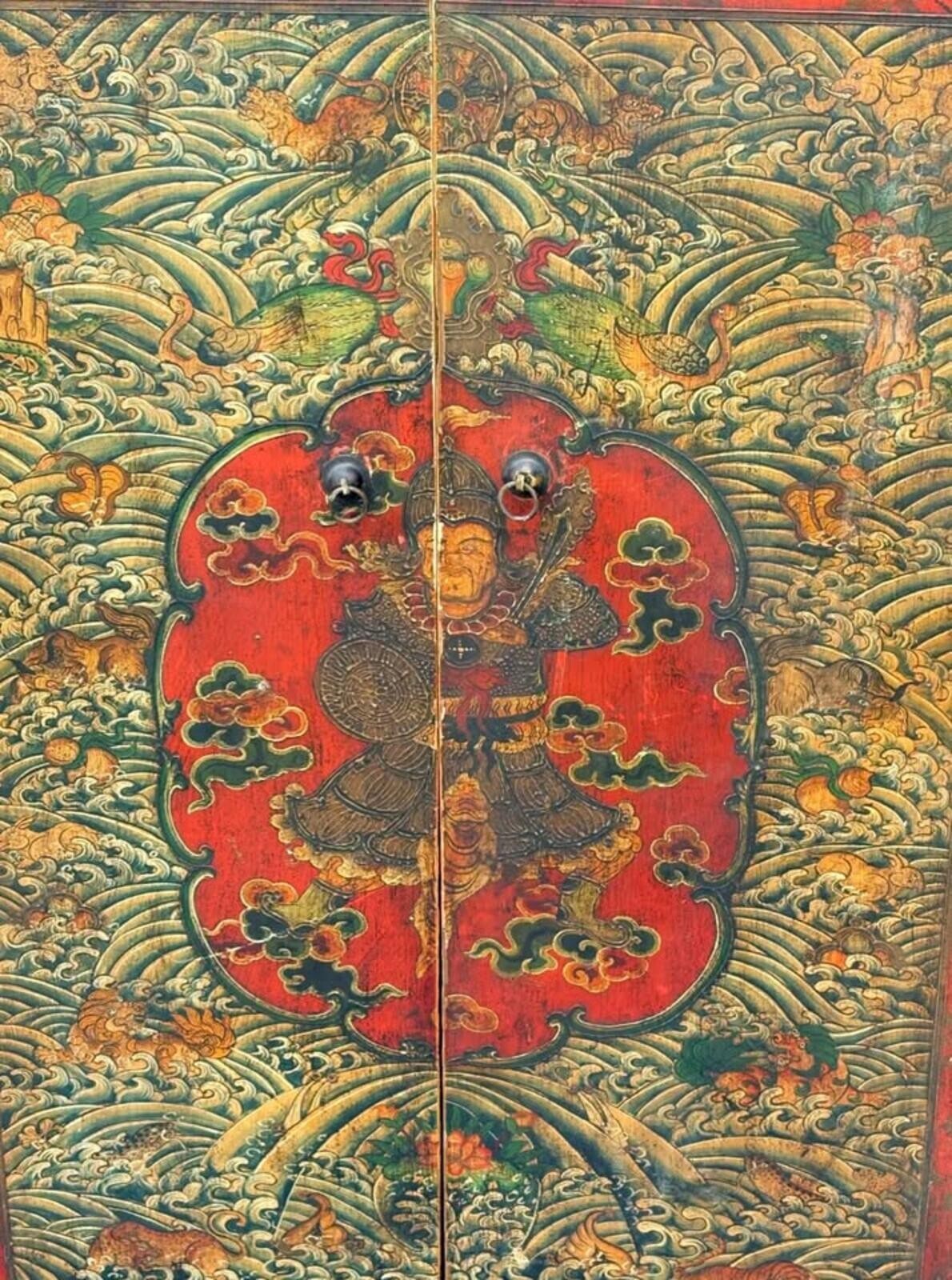 Vintage Hand-Painted Asian Wood Cabinet with Warrior Motif and Red Accents
