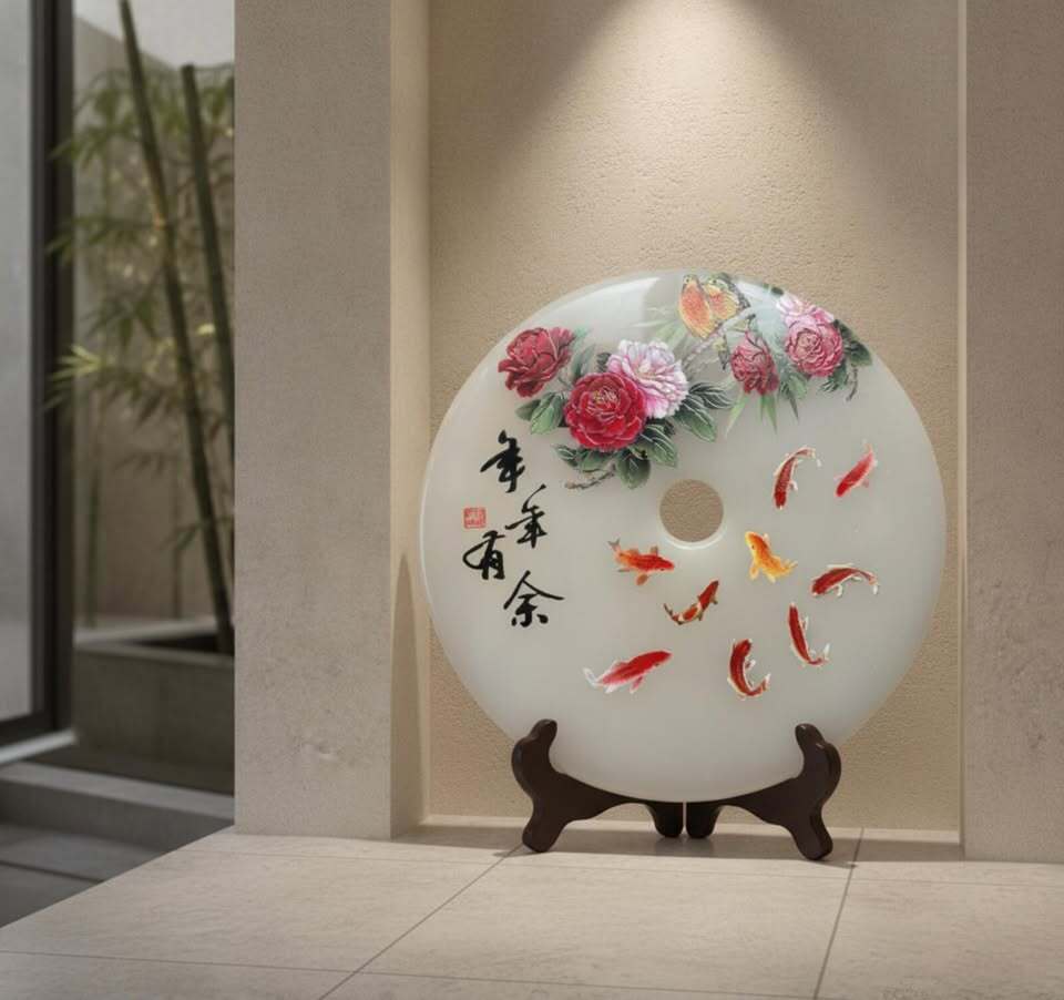 Hand-Painted Decorative Jade Disc with Koi Fish and Floral Motif