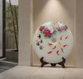Hand-Painted Decorative Jade Disc with Koi Fish and Floral Motif