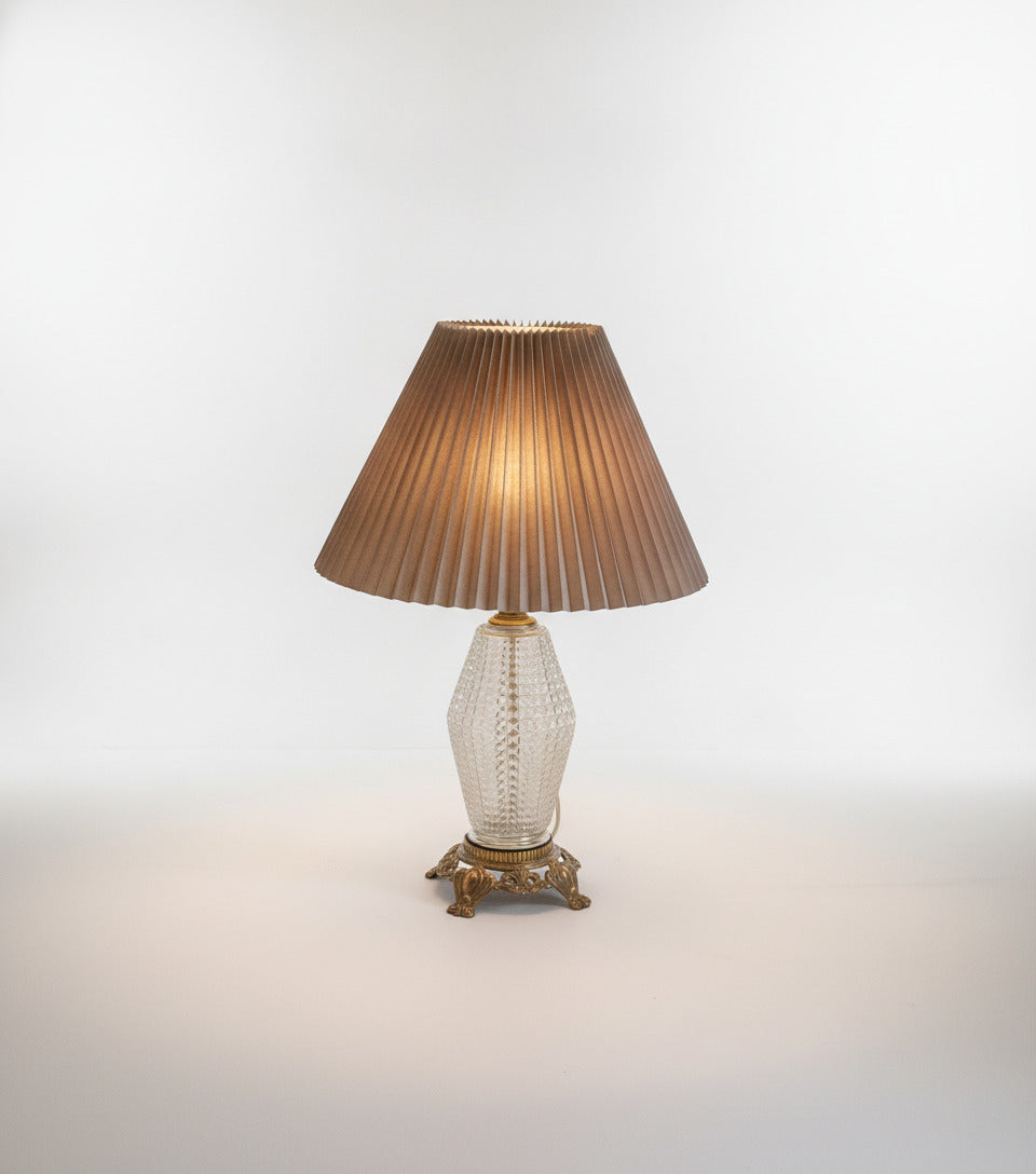 Vintage Glass Table Lamp with Pleated Taupe Shade and Ornate Brass Base