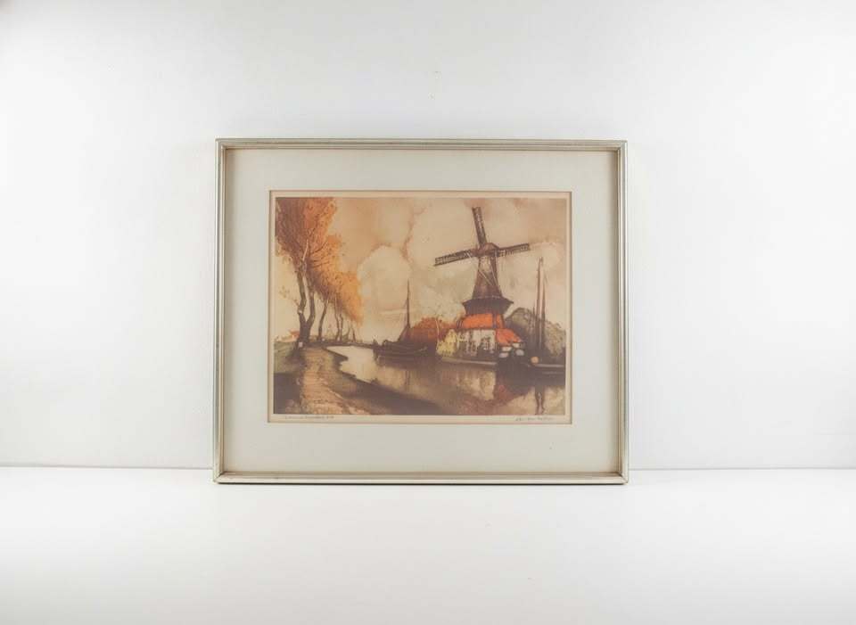Vintage Signed 'Rivière en Flandre' Windmill Landscape Print After Van Aerten