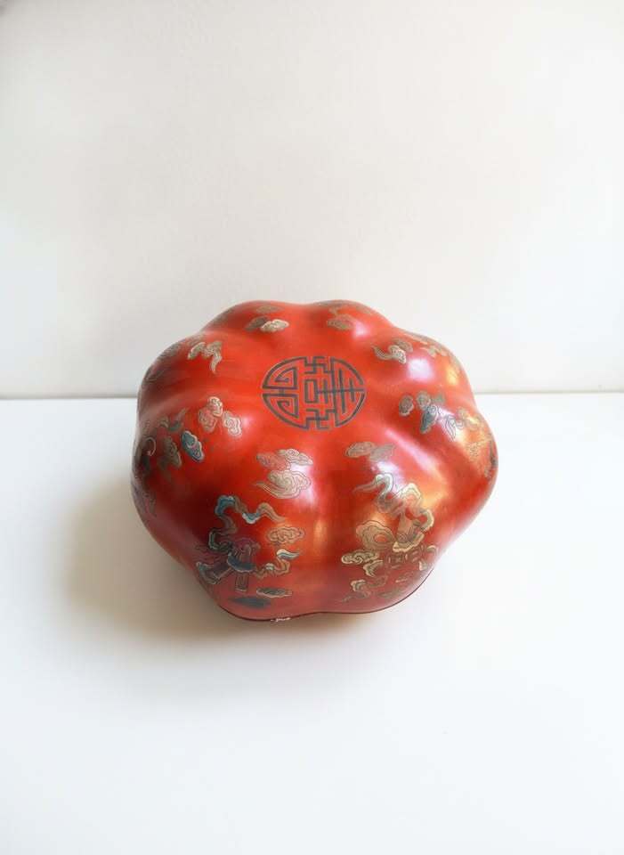 Vintage Asian Red Handpainted Lacquered Decorative Box with Cloud Symbol Motifs