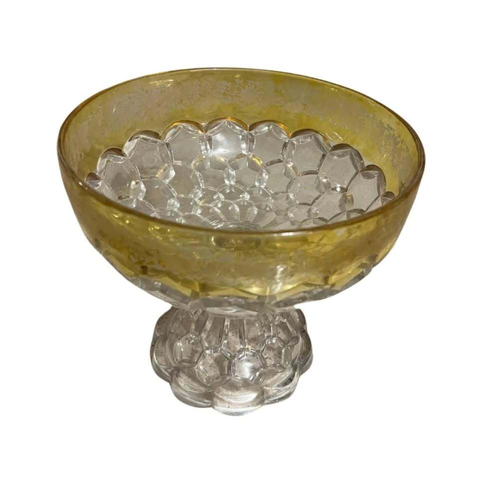 Clear Crystal Vintage Glass Pedestal Dish Yellow Rimmed Rare